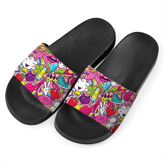 Girly Unicorn Cartoon Pattern Print Black Slide Sandals