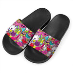 Girly Unicorn Cartoon Pattern Print Black Slide Sandals