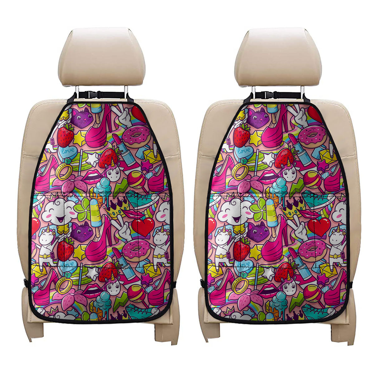Girly Unicorn Cartoon Pattern Print Car Seat Organizers
