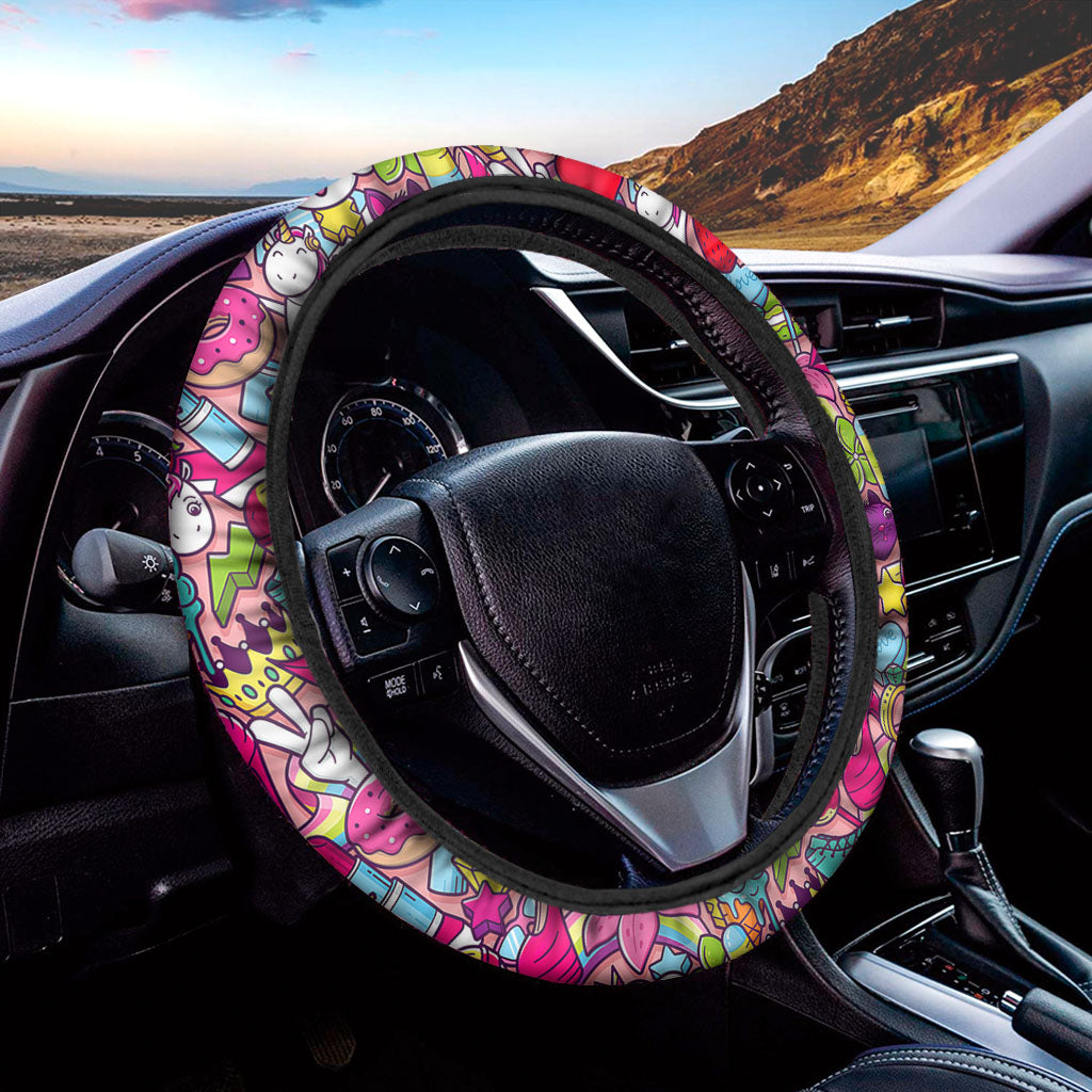 Girly Unicorn Cartoon Pattern Print Car Steering Wheel Cover