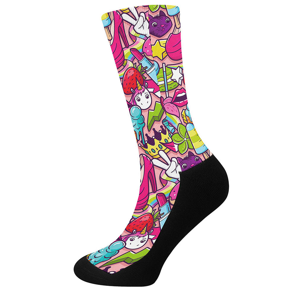 Girly Unicorn Cartoon Pattern Print Crew Socks