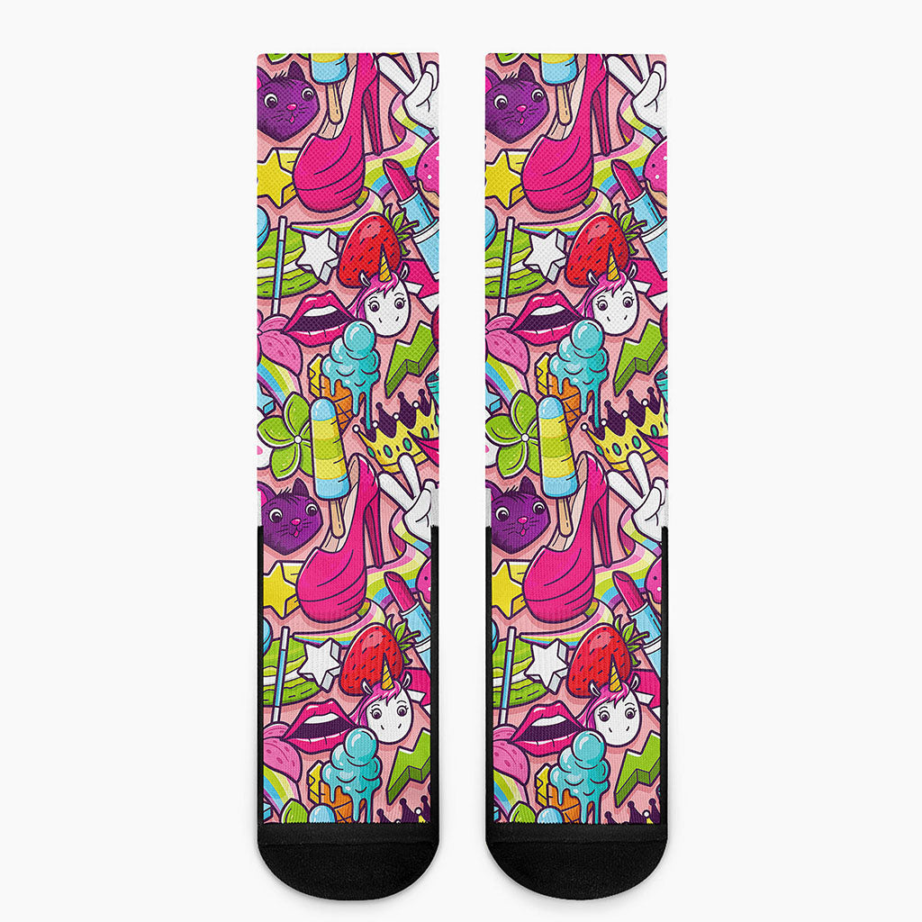 Girly Unicorn Cartoon Pattern Print Crew Socks