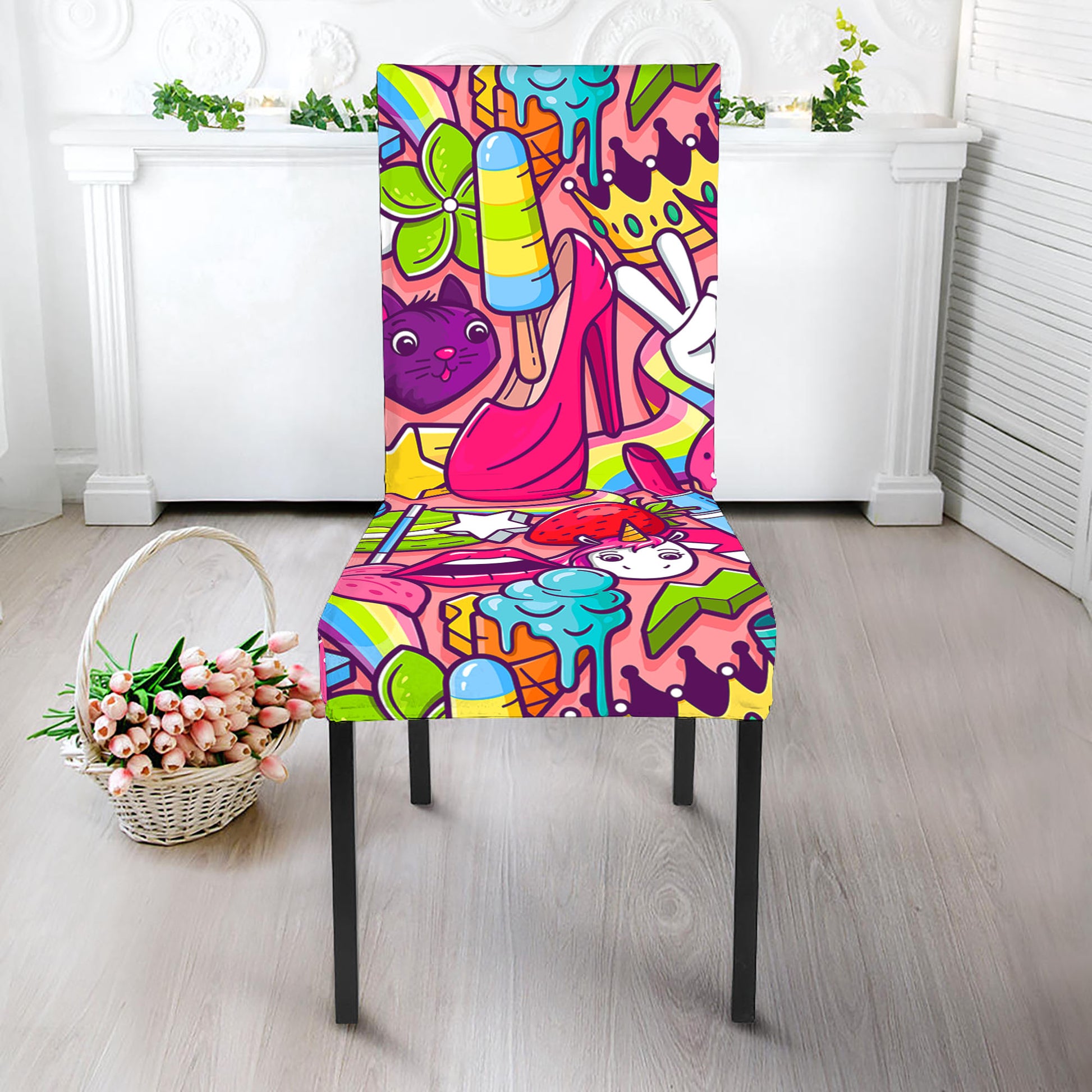 Girly Unicorn Cartoon Pattern Print Dining Chair Slipcover