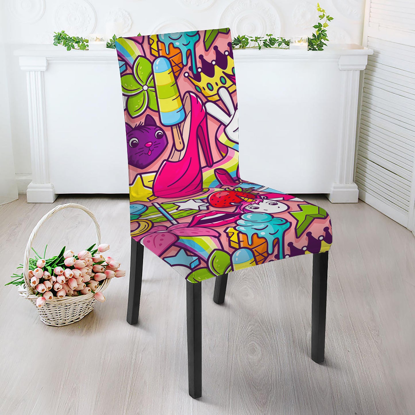 Girly Unicorn Cartoon Pattern Print Dining Chair Slipcover