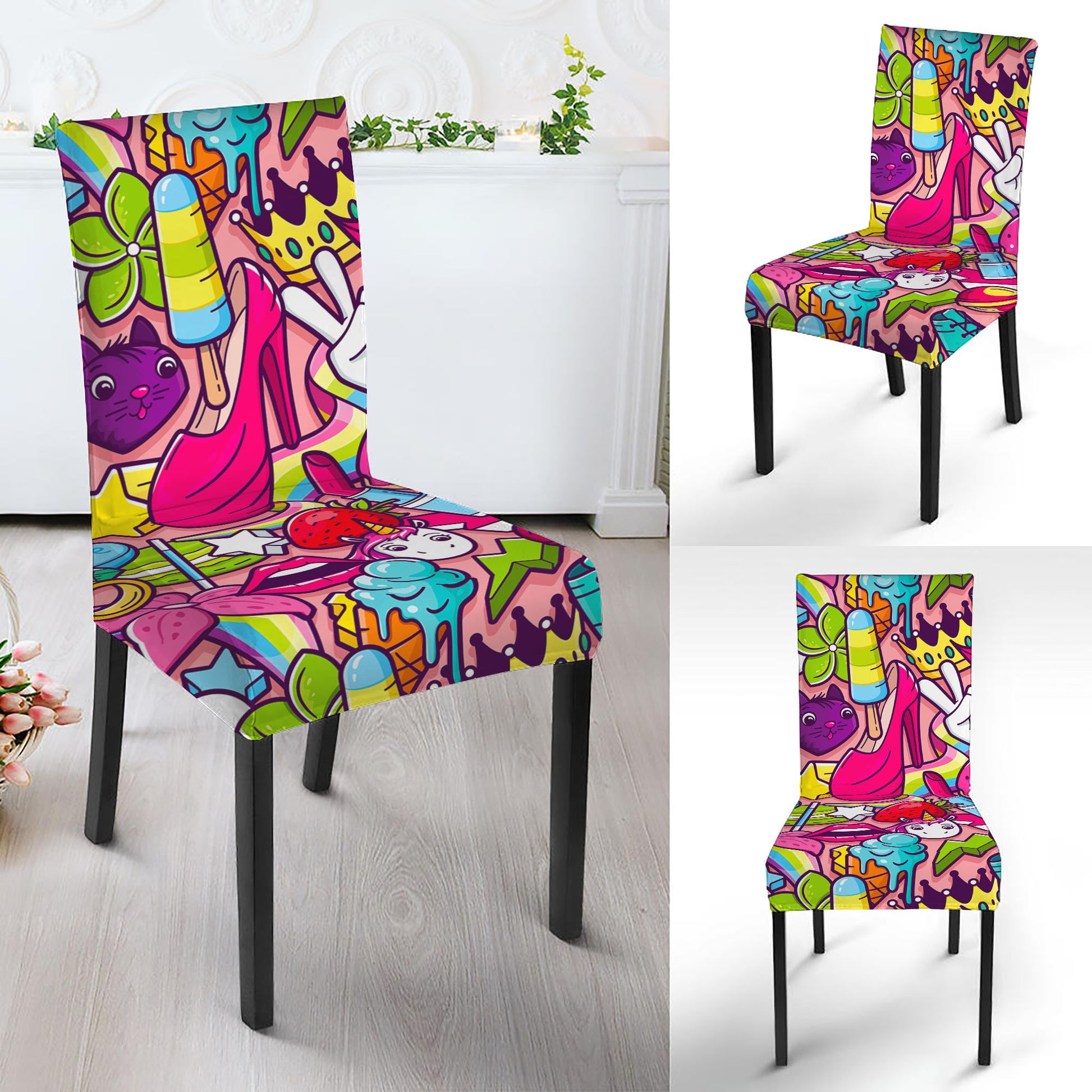 Girly Unicorn Cartoon Pattern Print Dining Chair Slipcover