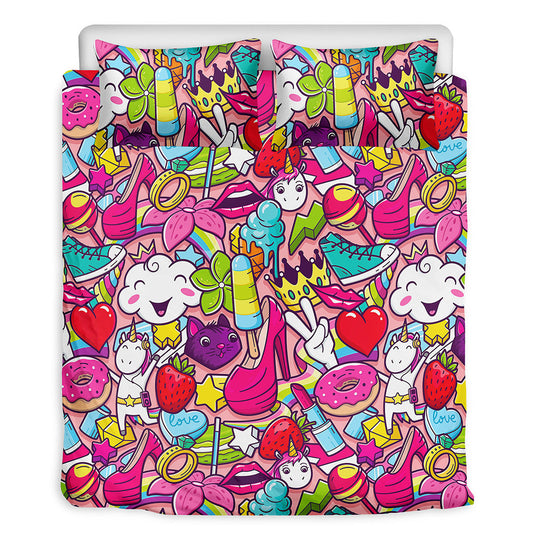 Girly Unicorn Cartoon Pattern Print Duvet Cover Bedding Set