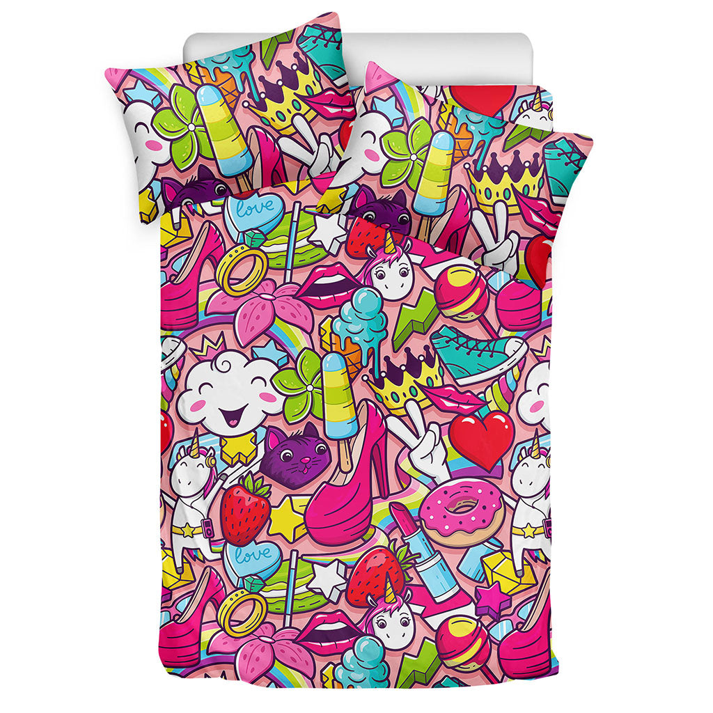 Girly Unicorn Cartoon Pattern Print Duvet Cover Bedding Set