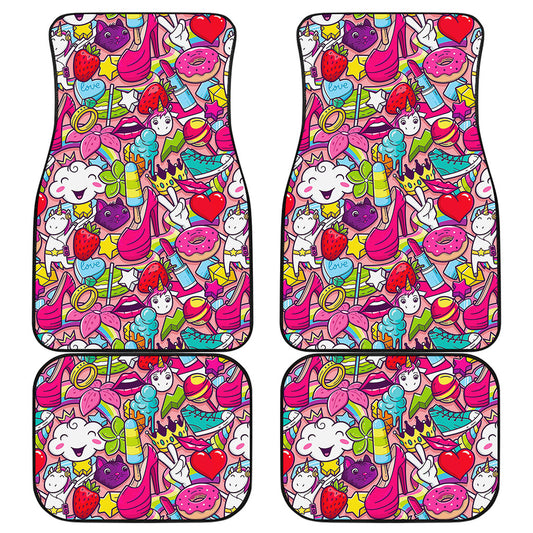 Girly Unicorn Cartoon Pattern Print Front and Back Car Floor Mats