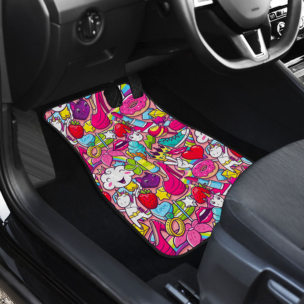 Girly Unicorn Cartoon Pattern Print Front and Back Car Floor Mats