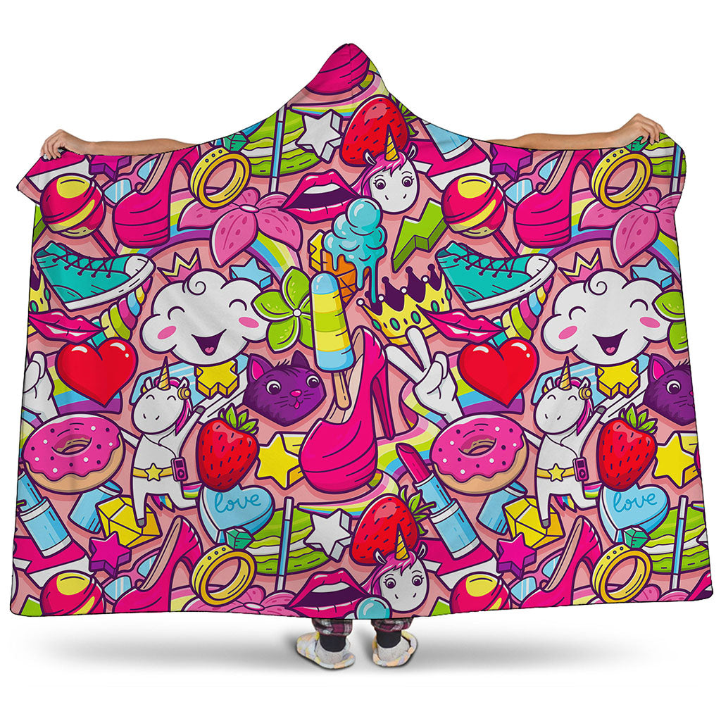 Girly Unicorn Cartoon Pattern Print Hooded Blanket