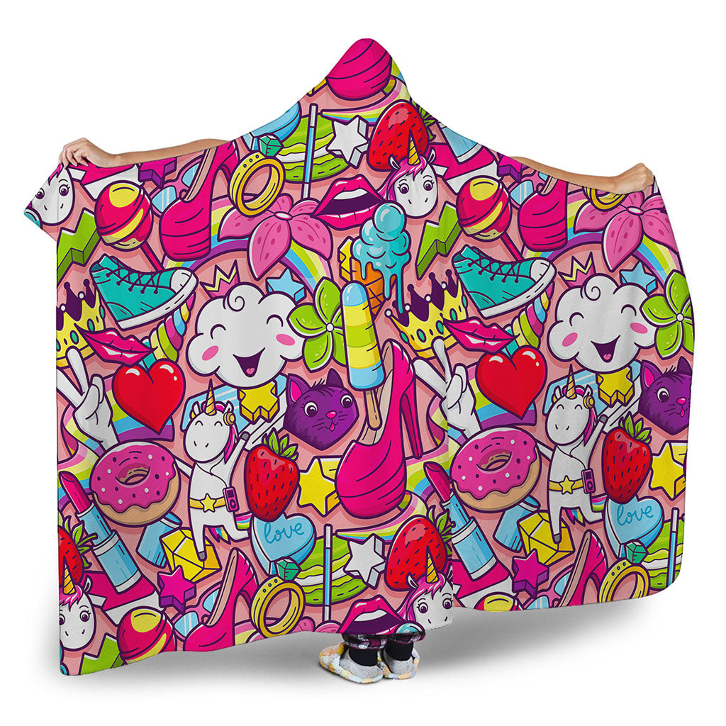 Girly Unicorn Cartoon Pattern Print Hooded Blanket