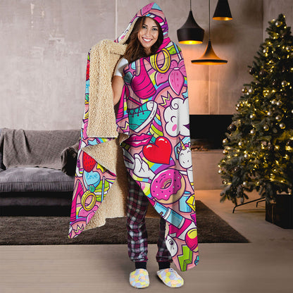 Girly Unicorn Cartoon Pattern Print Hooded Blanket