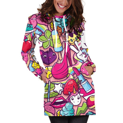 Girly Unicorn Cartoon Pattern Print Hoodie Dress GearFrost