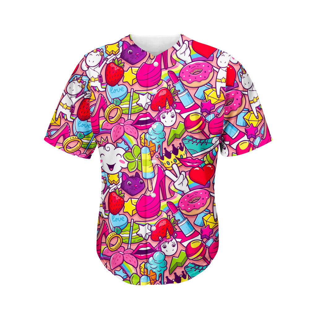 Girly Unicorn Cartoon Pattern Print Men's Baseball Jersey