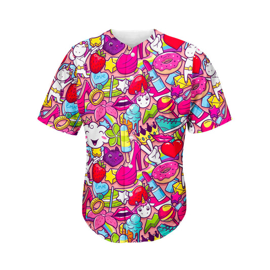 Girly Unicorn Cartoon Pattern Print Men's Baseball Jersey