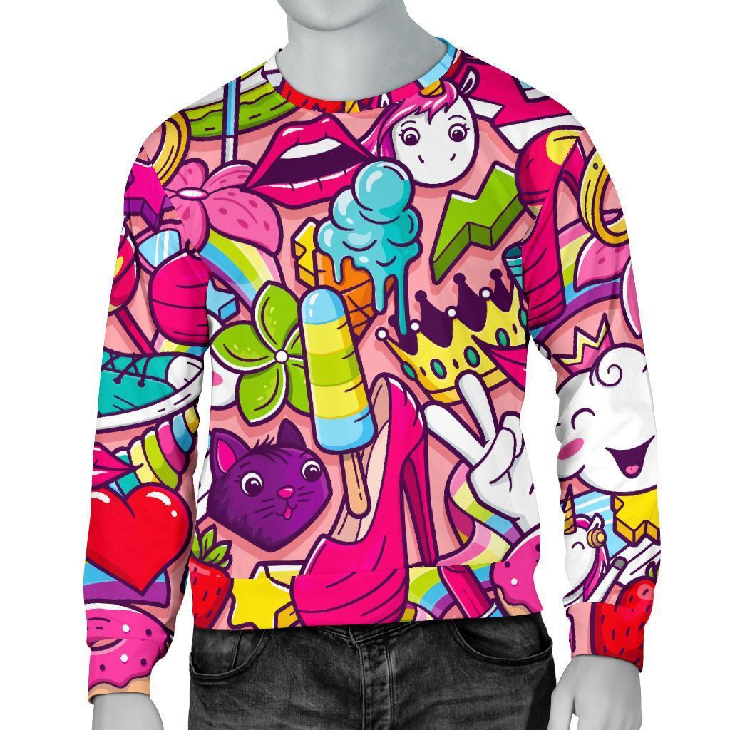 Girly Unicorn Cartoon Pattern Print Men's Crewneck Sweatshirt GearFrost