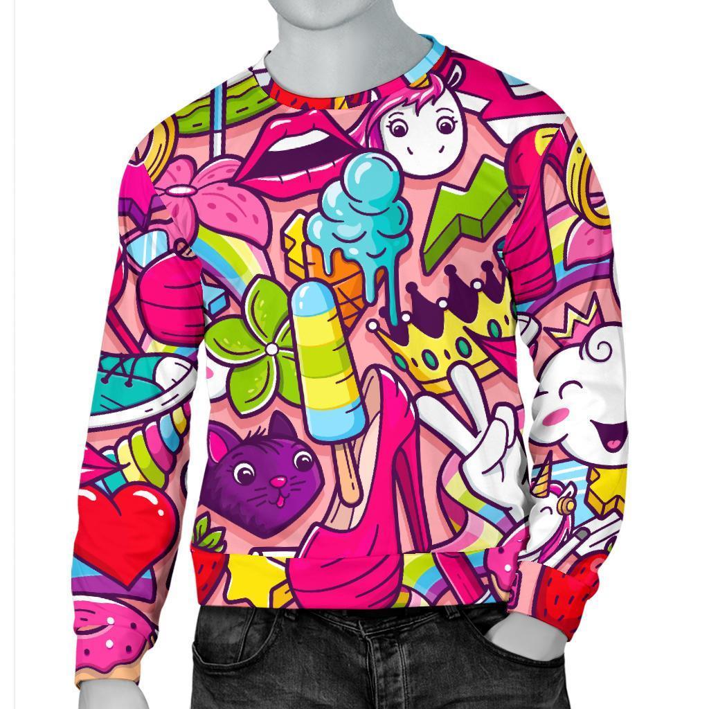 Girly Unicorn Cartoon Pattern Print Men's Crewneck Sweatshirt GearFrost