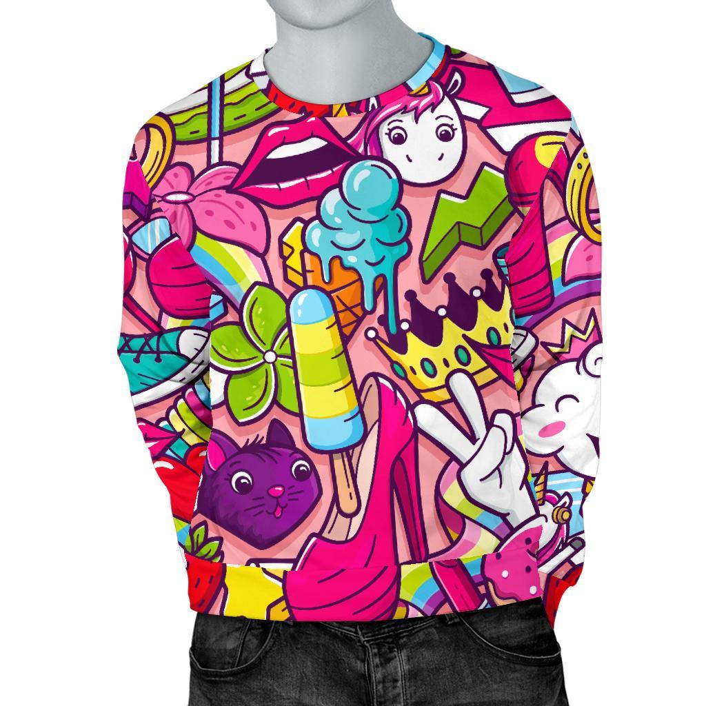 Girly Unicorn Cartoon Pattern Print Men's Crewneck Sweatshirt GearFrost