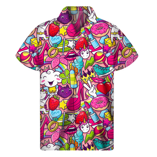 Girly Unicorn Cartoon Pattern Print Men's Short Sleeve Shirt
