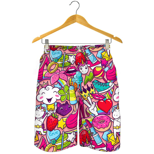 Girly Unicorn Cartoon Pattern Print Men's Shorts