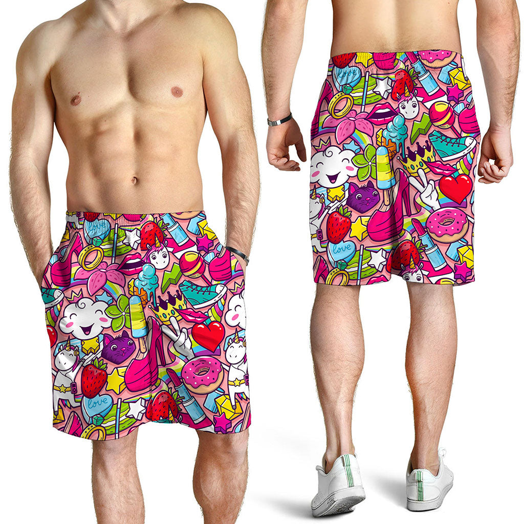 Girly Unicorn Cartoon Pattern Print Men's Shorts