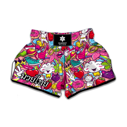 Girly Unicorn Cartoon Pattern Print Muay Thai Boxing Shorts