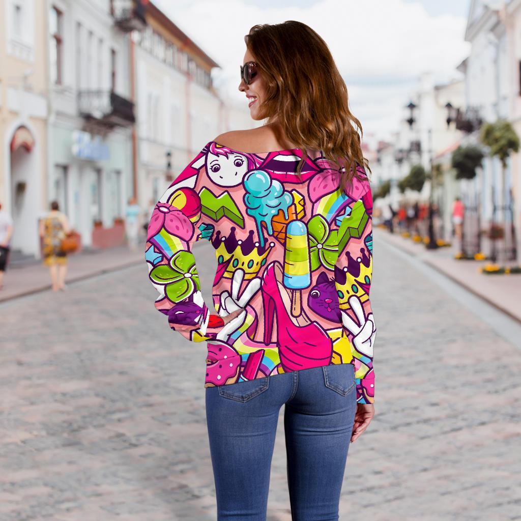Girly Unicorn Cartoon Pattern Print Off Shoulder Sweatshirt GearFrost