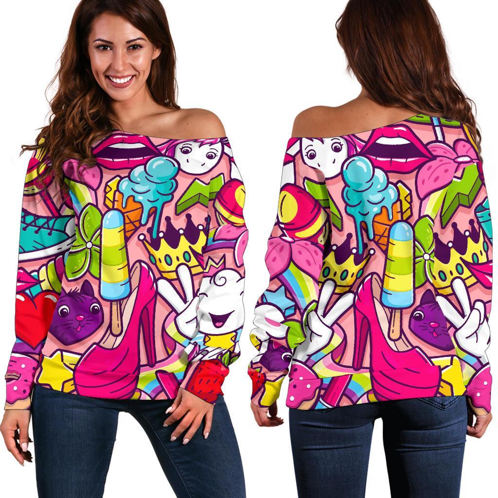 Girly Unicorn Cartoon Pattern Print Off Shoulder Sweatshirt GearFrost