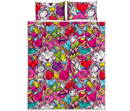 Girly Unicorn Cartoon Pattern Print Quilt Bed Set