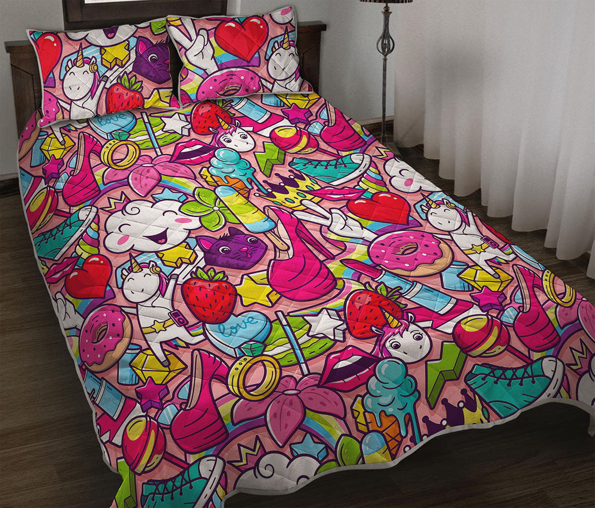 Girly Unicorn Cartoon Pattern Print Quilt Bed Set