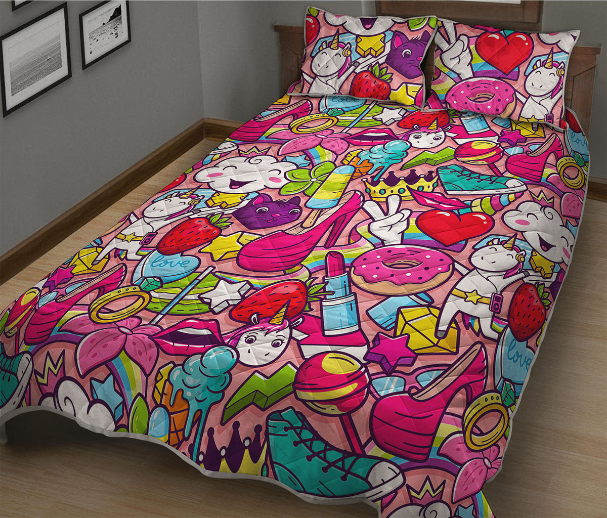 Girly Unicorn Cartoon Pattern Print Quilt Bed Set