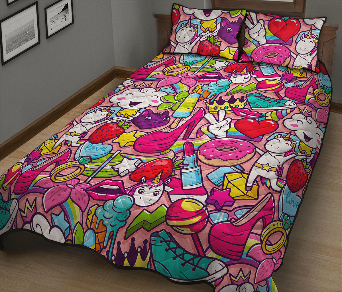 Girly Unicorn Cartoon Pattern Print Quilt Bed Set