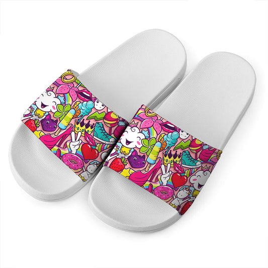 Girly Unicorn Cartoon Pattern Print White Slide Sandals