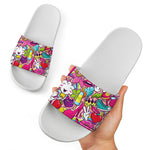 Girly Unicorn Cartoon Pattern Print White Slide Sandals