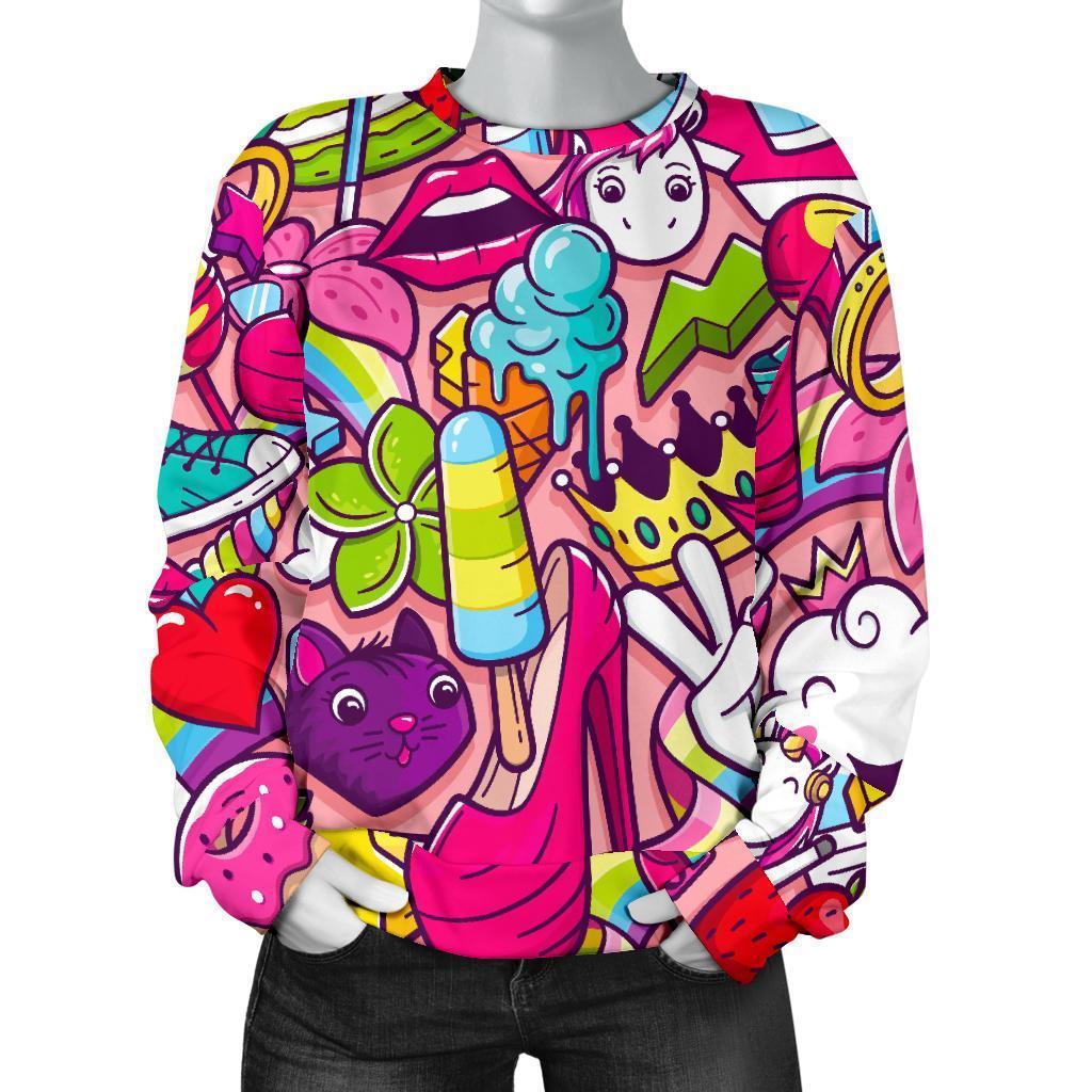 Girly Unicorn Cartoon Pattern Print Women's Crewneck Sweatshirt GearFrost