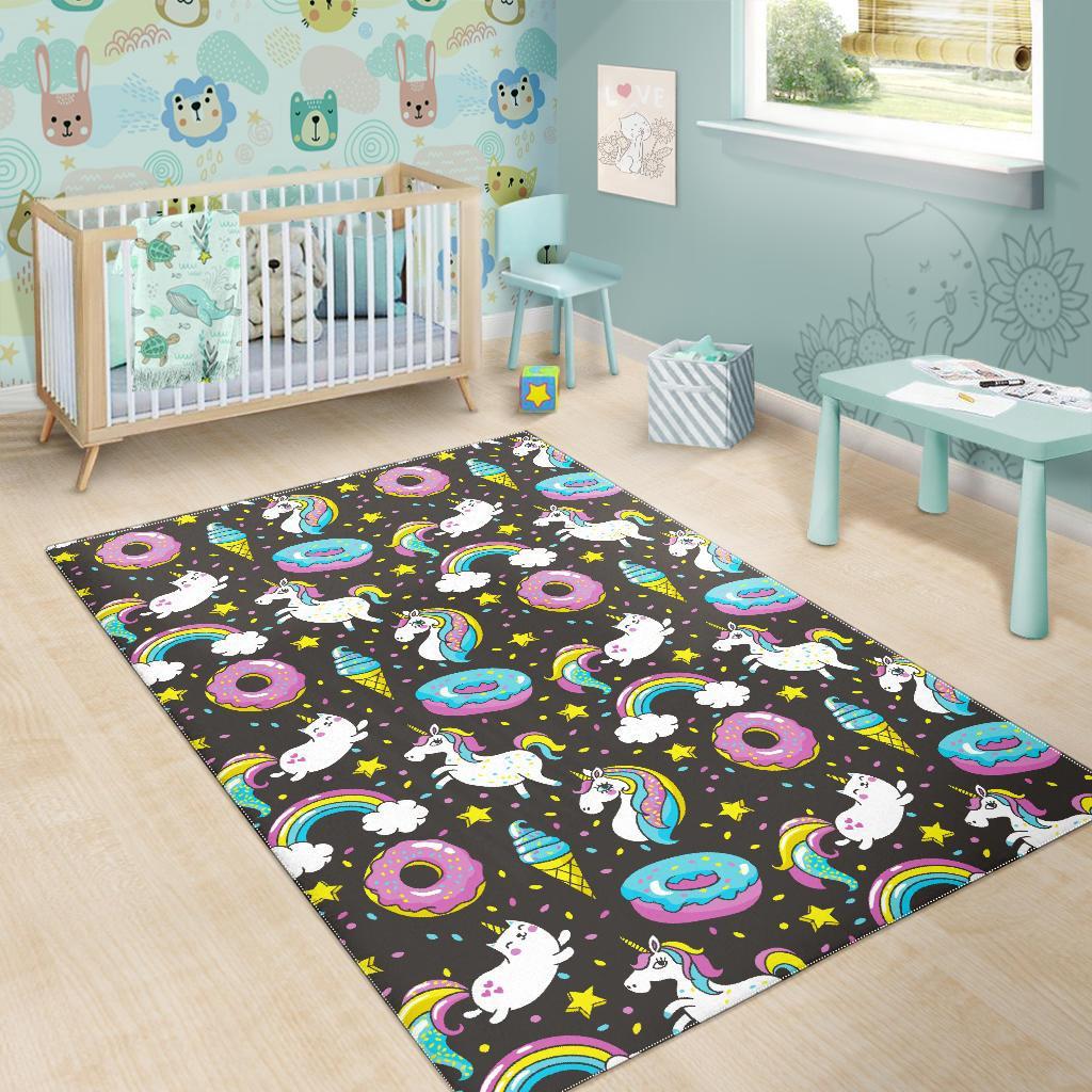 Girly Unicorn Donut Pattern Print Area Rug GearFrost