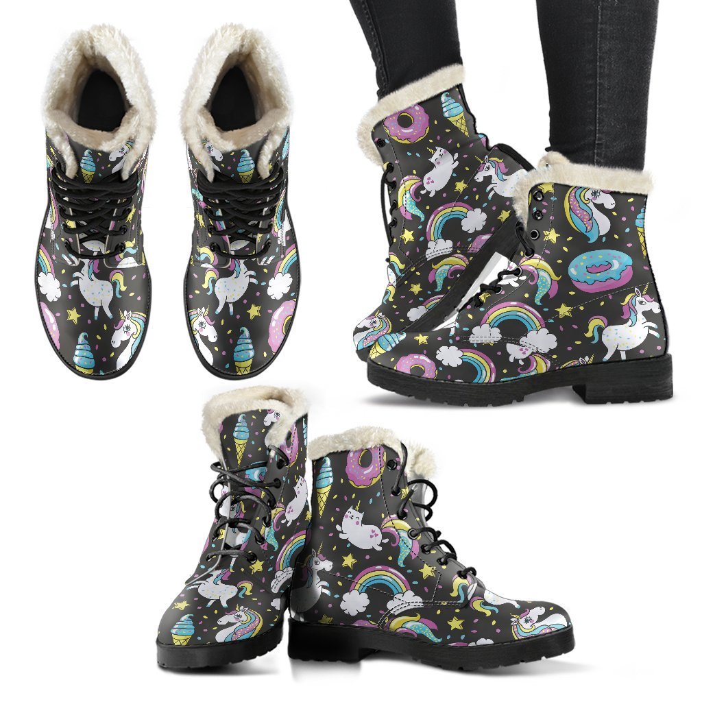 Girly Unicorn Donut Pattern Print Comfy Boots GearFrost