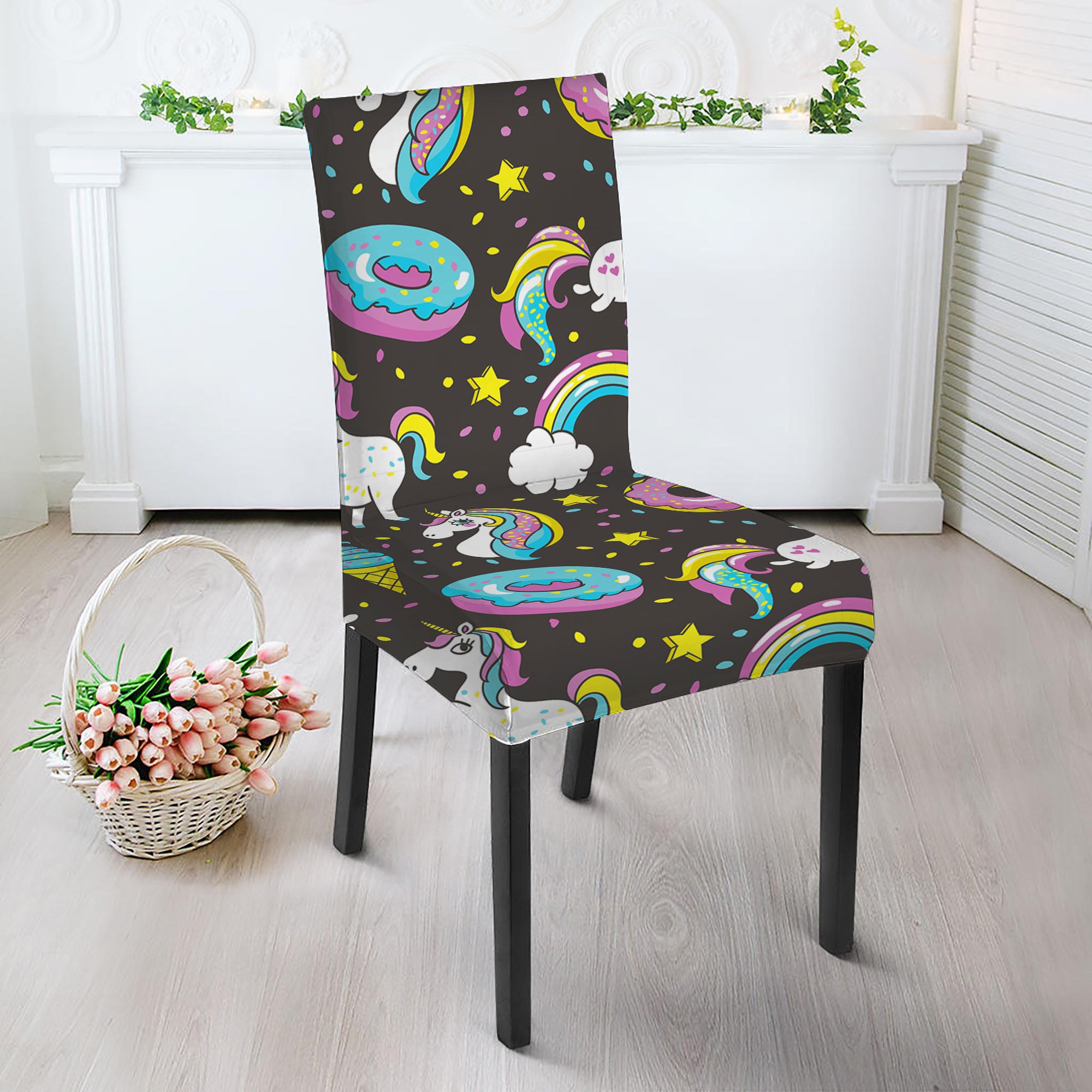 Girly Unicorn Donut Pattern Print Dining Chair Slipcover