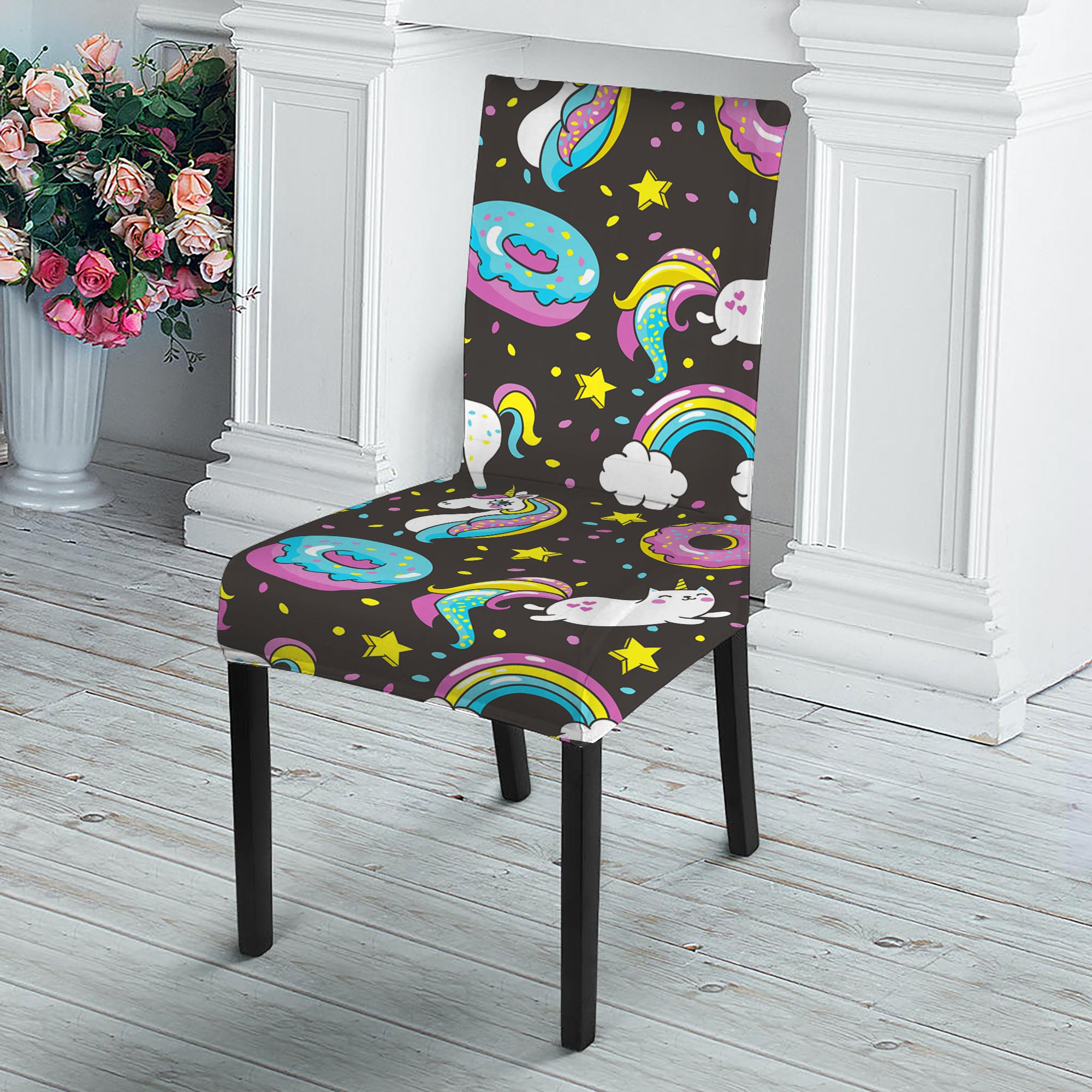 Girly Unicorn Donut Pattern Print Dining Chair Slipcover