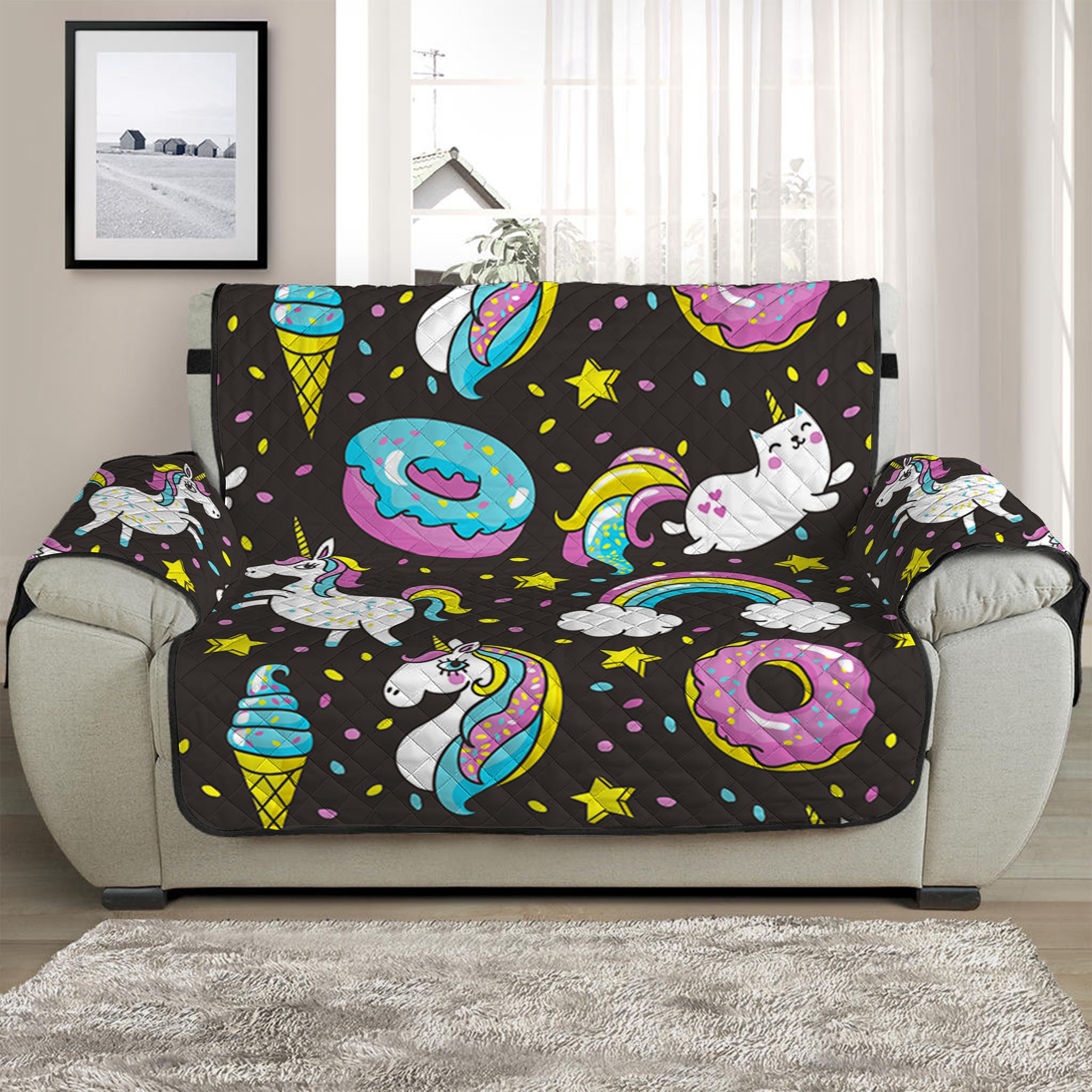 Girly Unicorn Donut Pattern Print Half Sofa Protector