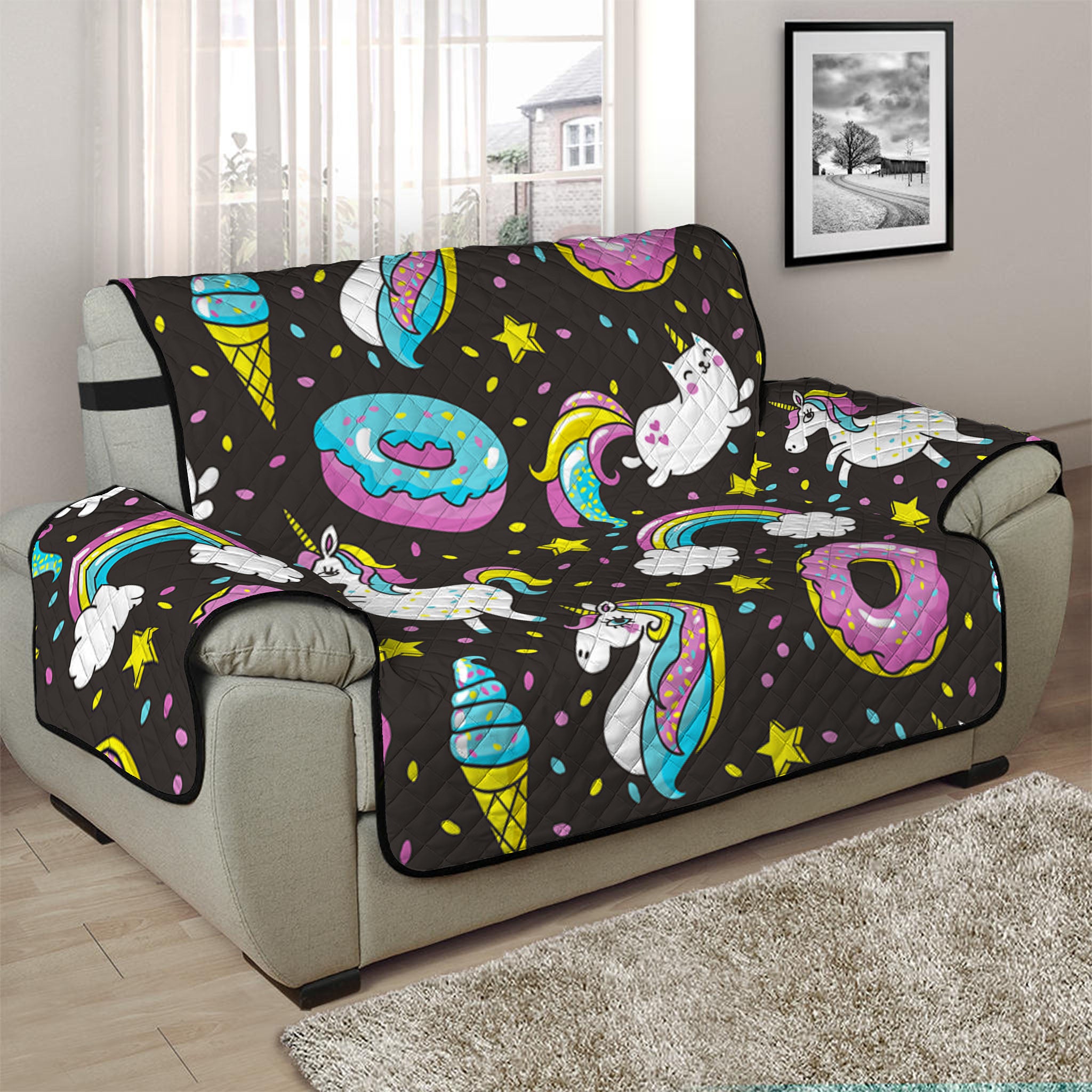 Girly Unicorn Donut Pattern Print Half Sofa Protector