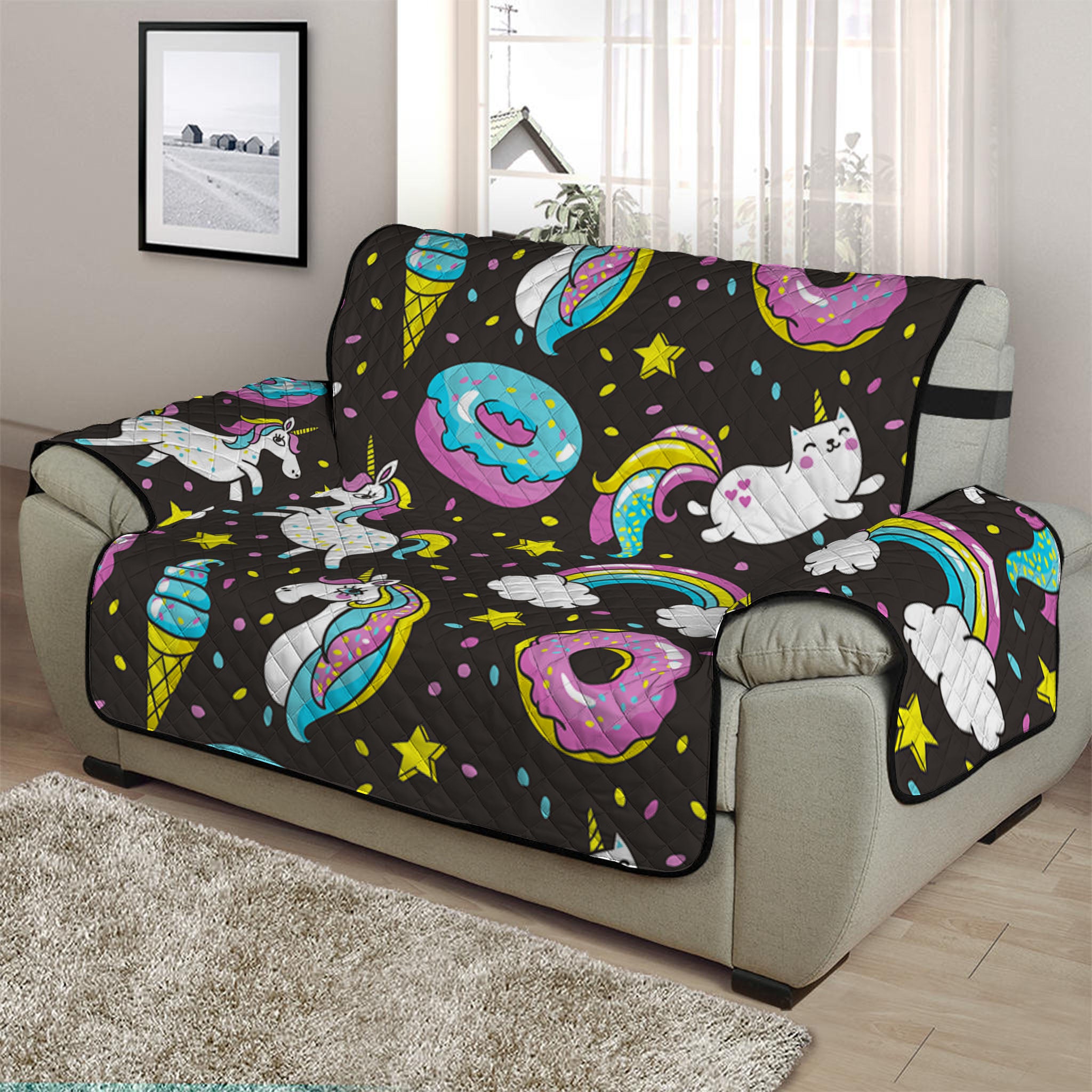 Girly Unicorn Donut Pattern Print Half Sofa Protector