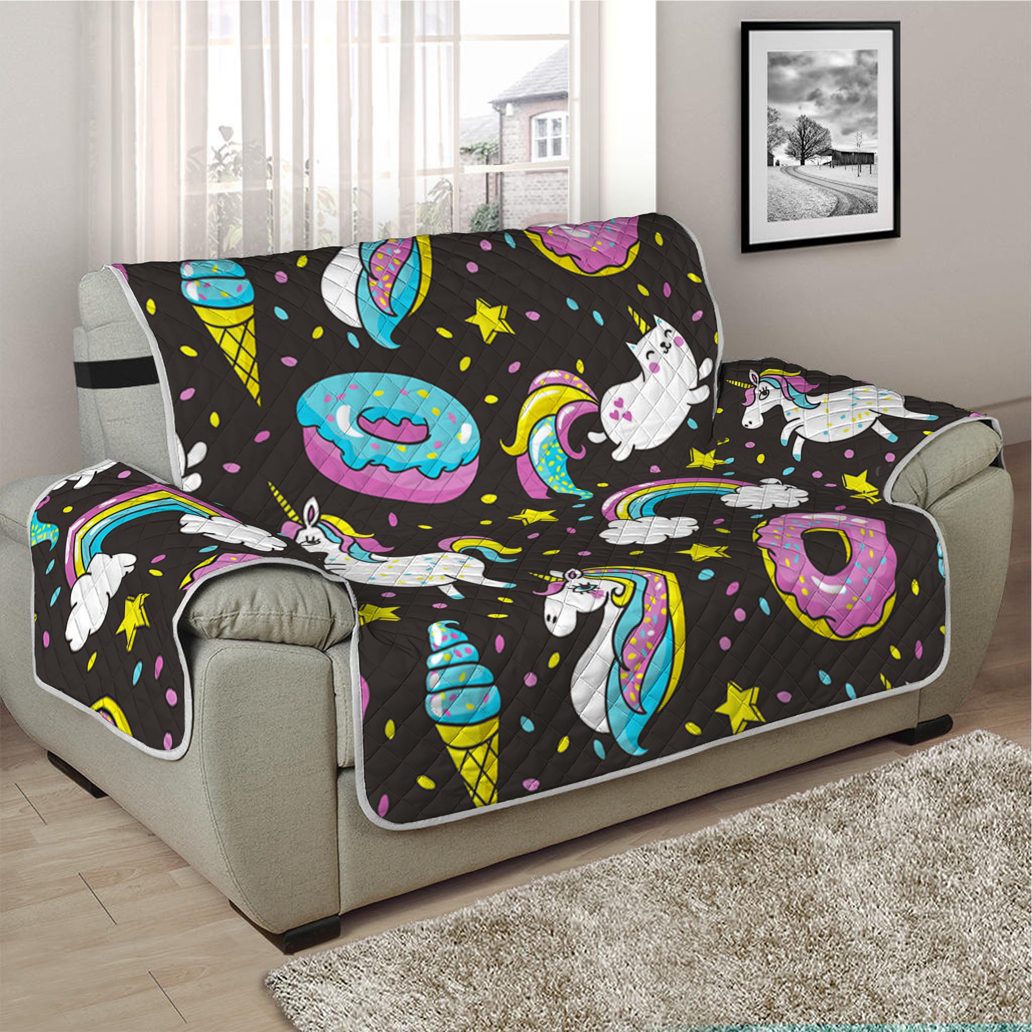 Girly Unicorn Donut Pattern Print Half Sofa Protector