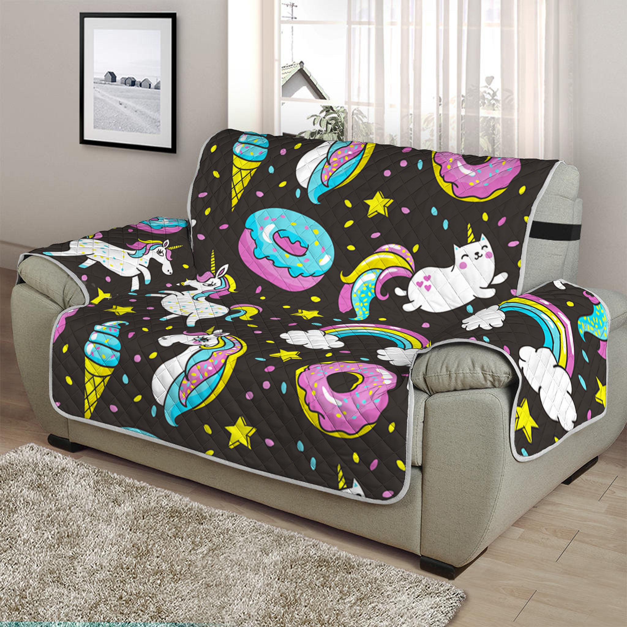 Girly Unicorn Donut Pattern Print Half Sofa Protector