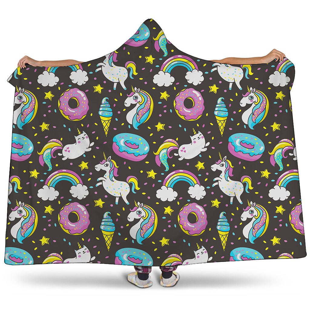 Girly Unicorn Donut Pattern Print Hooded Blanket