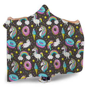 Girly Unicorn Donut Pattern Print Hooded Blanket