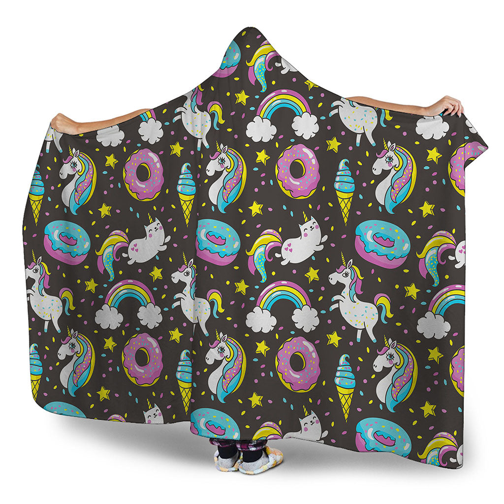 Girly Unicorn Donut Pattern Print Hooded Blanket