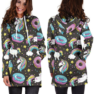 Girly Unicorn Donut Pattern Print Hoodie Dress GearFrost