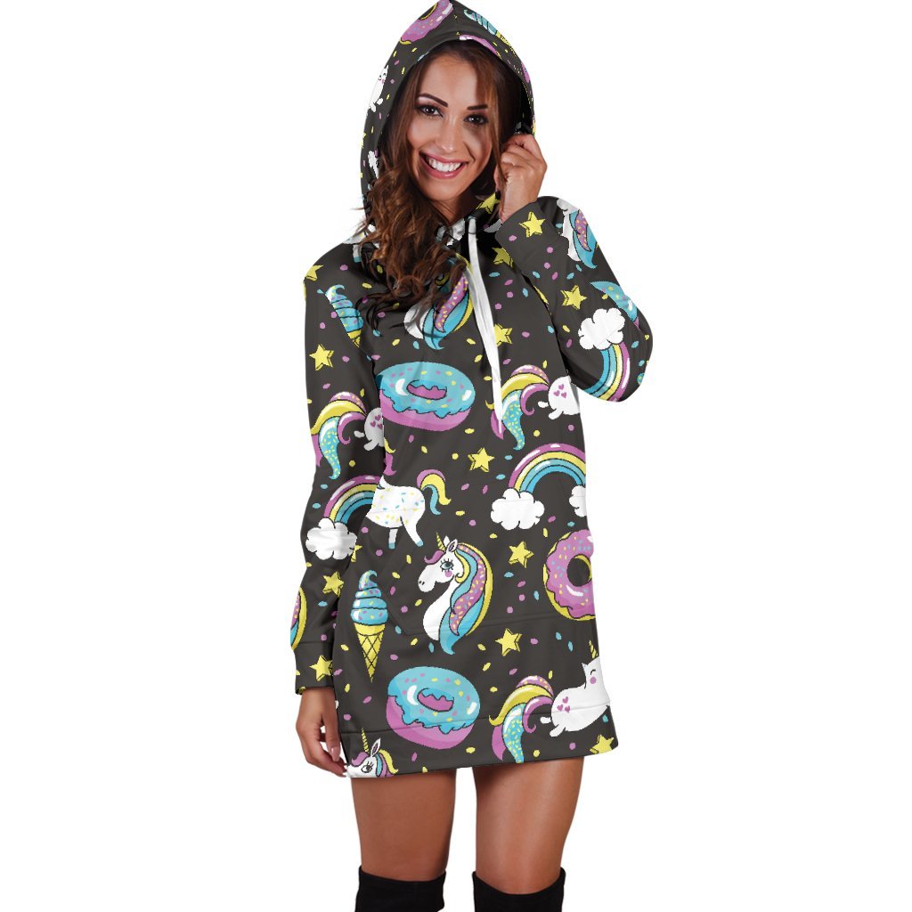 Girly Unicorn Donut Pattern Print Hoodie Dress GearFrost