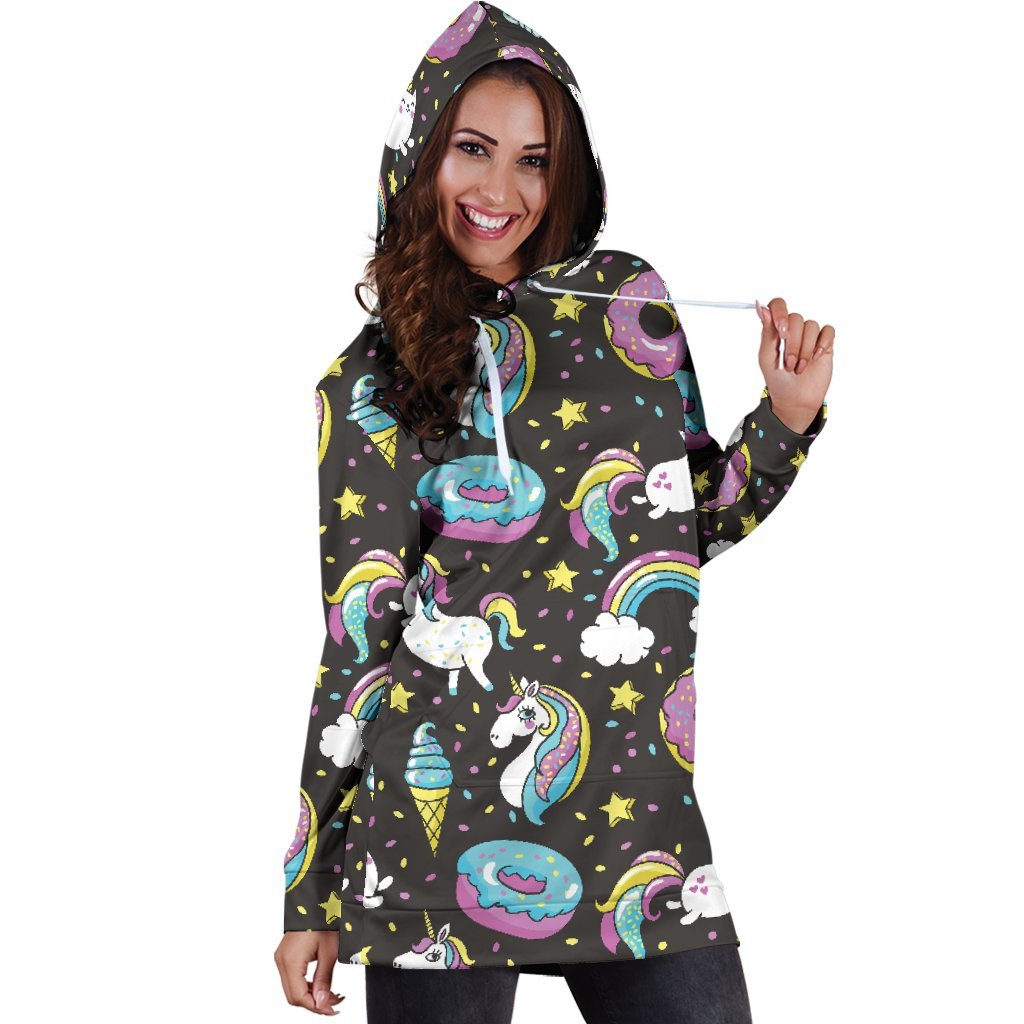 Girly Unicorn Donut Pattern Print Hoodie Dress GearFrost